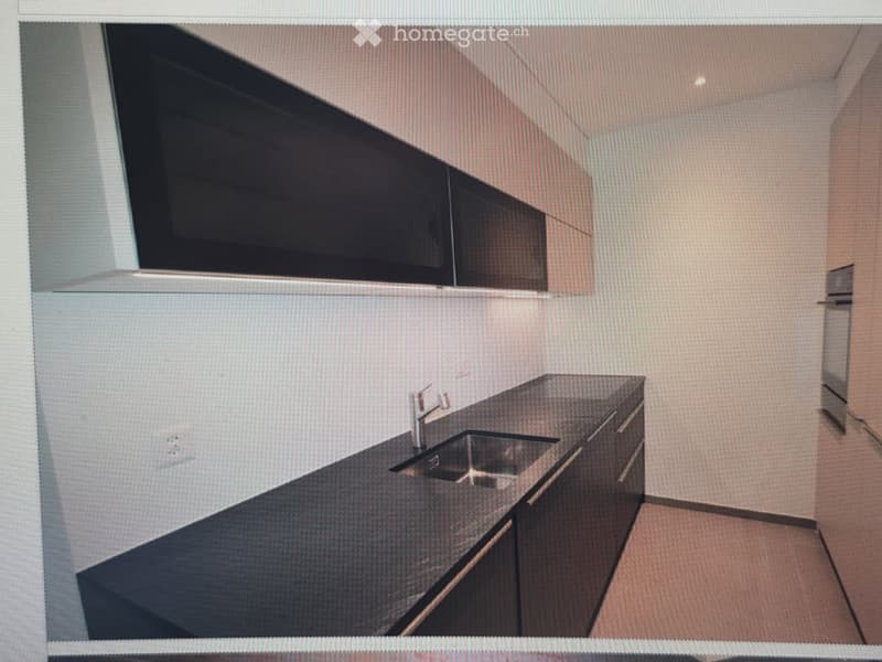 Modern kitchen with sleek black countertop, stainless steel sink, and minimalist cabinetry.