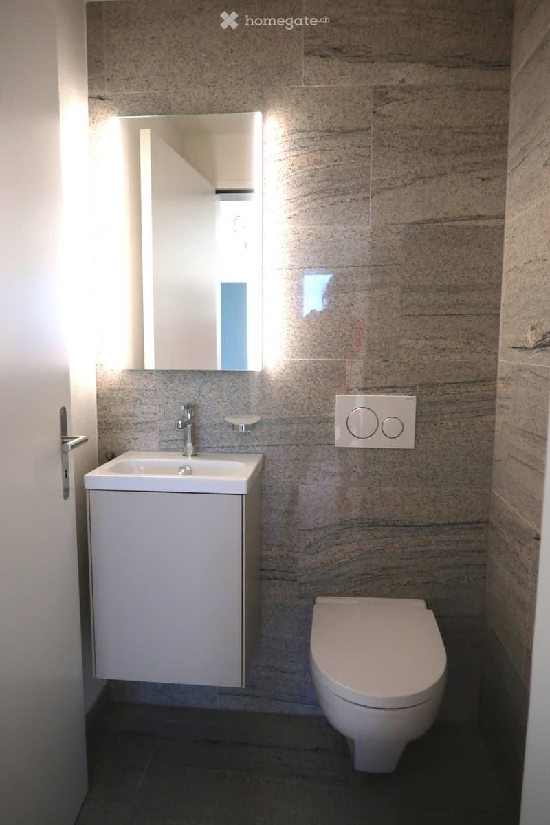 Modern bathroom with a white sink, toilet, and mirror, featuring marble-style tiles and sleek fixtures.