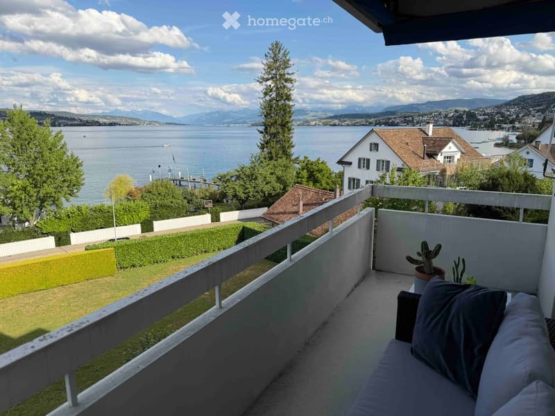 Balcony with a sofa, potted cactus, and scenic view of a lake and mountains.