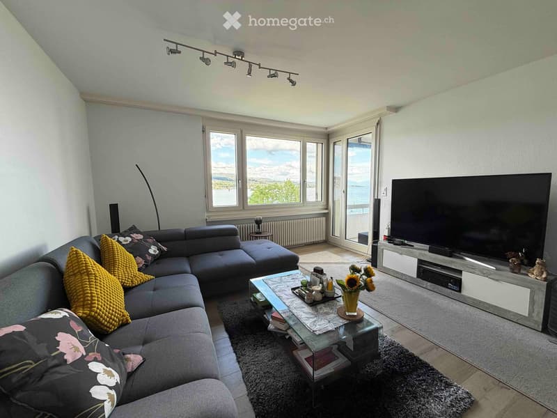 Modern living room with large windows offering a scenic view, featuring a grey sectional sofa with colorful cushions, a glass coffee table with a flower vase and books, a flat-screen TV on a sleek entertainment unit, and a tall floor lamp near the window.