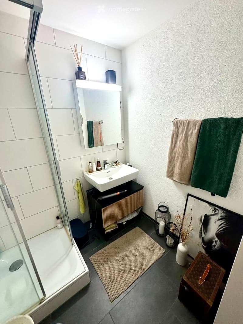 Modern bathroom with a white sink, mirror, shower, towels, and decorative items including a picture frame and candles.