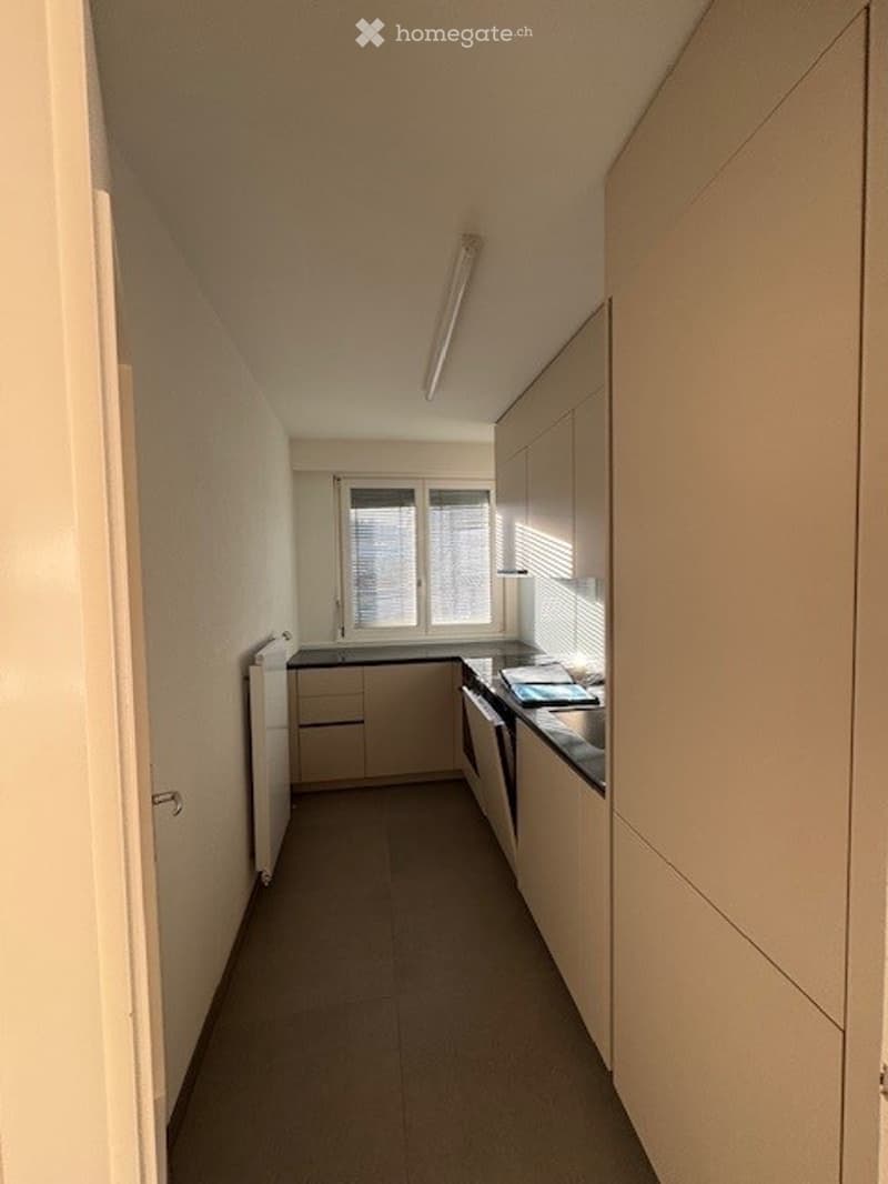 Modern kitchen with light-colored cabinets, a sink, a fridge, and a dishwasher. The space is clean and well-lit with natural light coming through a window.