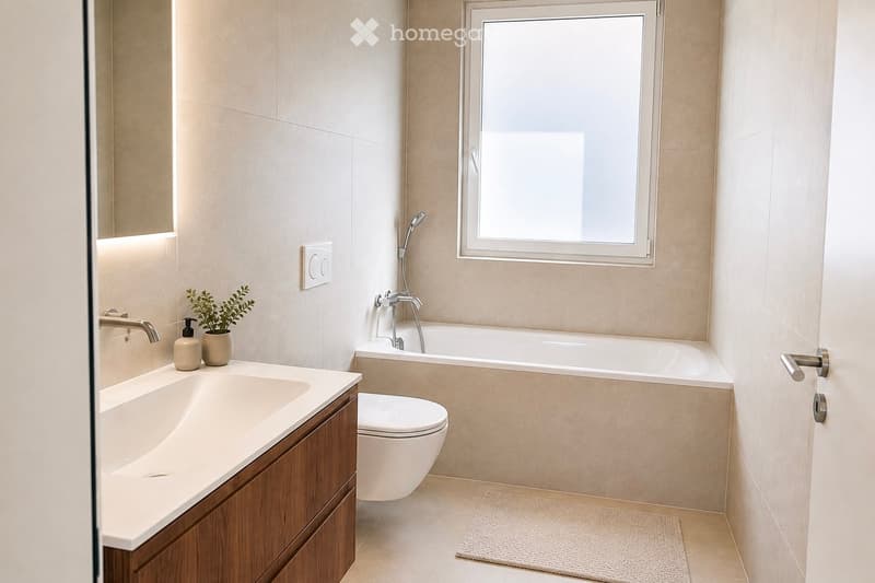 Modern bathroom with beige tiles, a large window, a bathtub, toilet, sink, and a small plant on the counter.