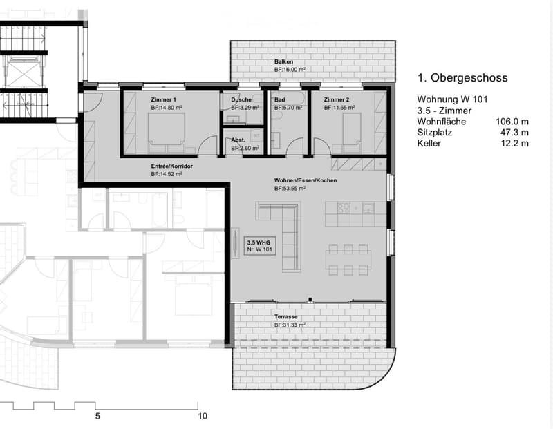 Floor plan of a 3.5-room apartment with a living/dining/kitchen area, two bedrooms, a bathroom, a shower, a hallway, and a terrace.
