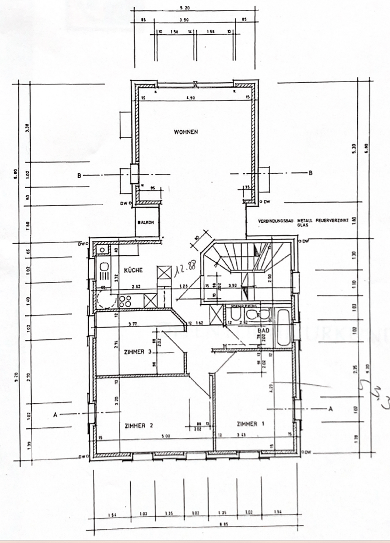 Floor plan showing a living area, kitchen, three bedrooms, bathroom, and a balcony.
