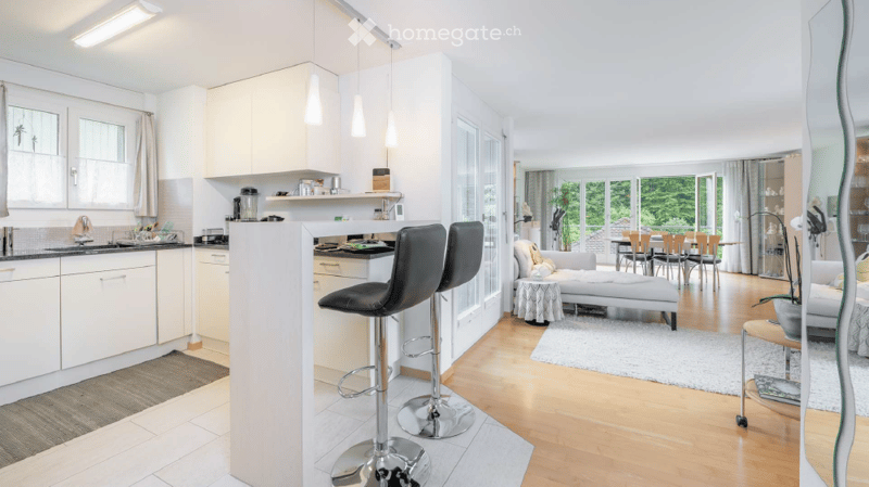 Open-plan living and dining area with a modern kitchen, white cabinets, a central island with bar stools, a grey sofa, a coffee table, and a dining area with a table and chairs. Large windows provide natural light, and a potted plant adds a touch of green