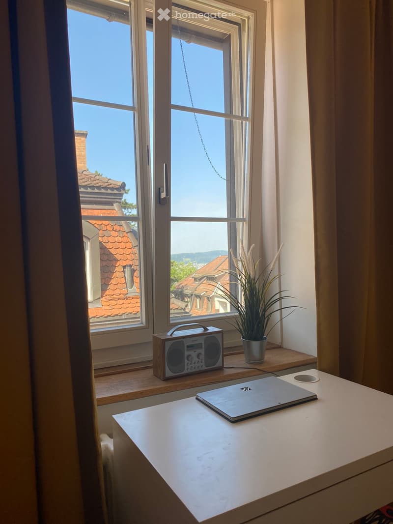 Desk with laptop, stereo, plant in a pot, open window with view of rooftops and mountains