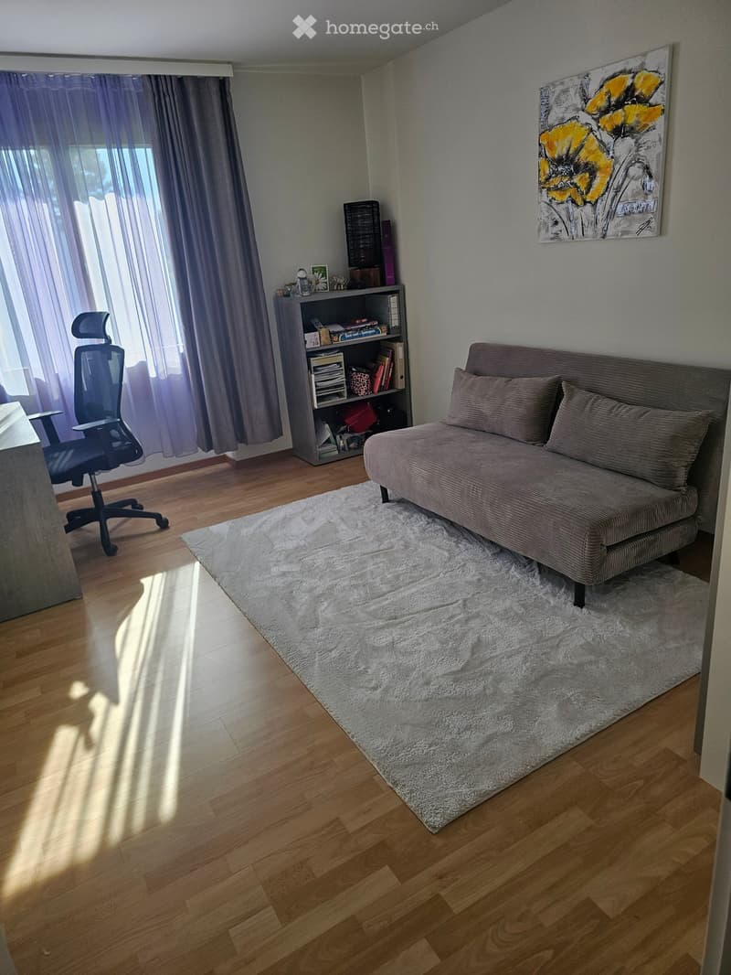 A cozy living room with a wooden floor, a white shag rug, a sofa, a chair, a bookshelf, and a large window with curtains.