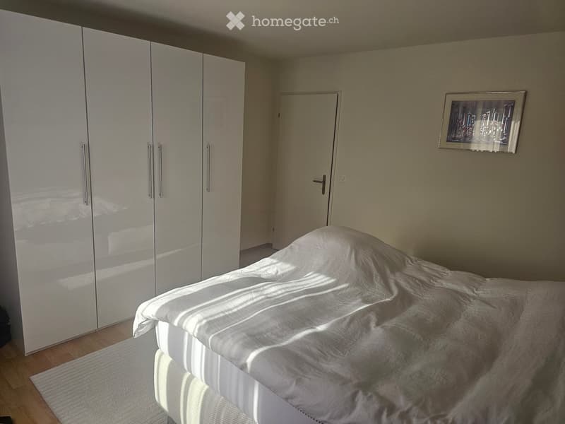 Modern bedroom with a neatly made bed, large mirrored wardrobe, and a framed picture on the wall.