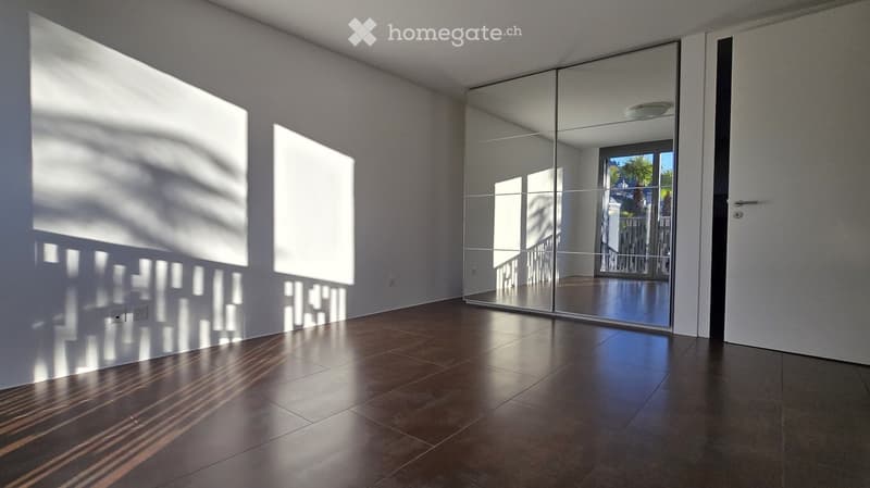 Empty room with brown floor, white walls, full length mirror, and ceiling lamp