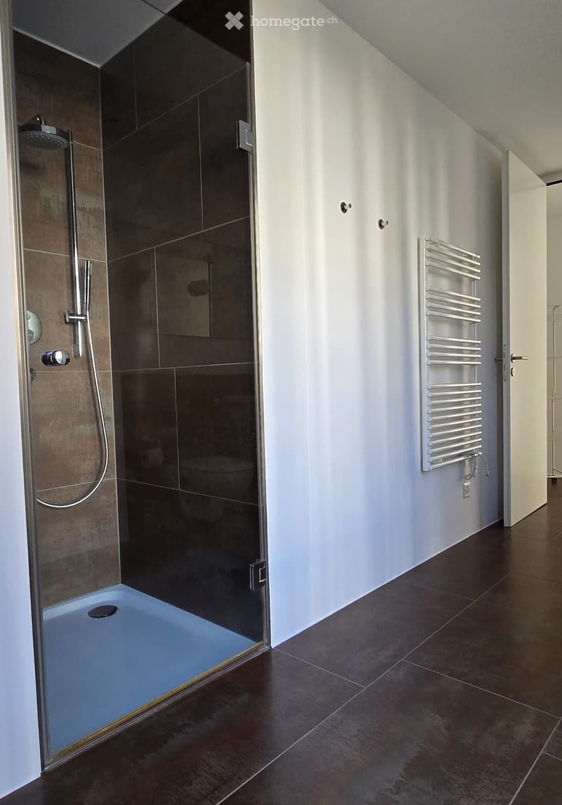 tiled floor, tiled wall, glass enclosed shower, toilet reflected in glass, white door, heating radiator