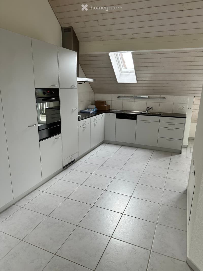 Modern kitchen with white cabinets, tiled floor, and built-in appliances including an oven and dishwasher. Features a skylight window and a sink with a faucet.