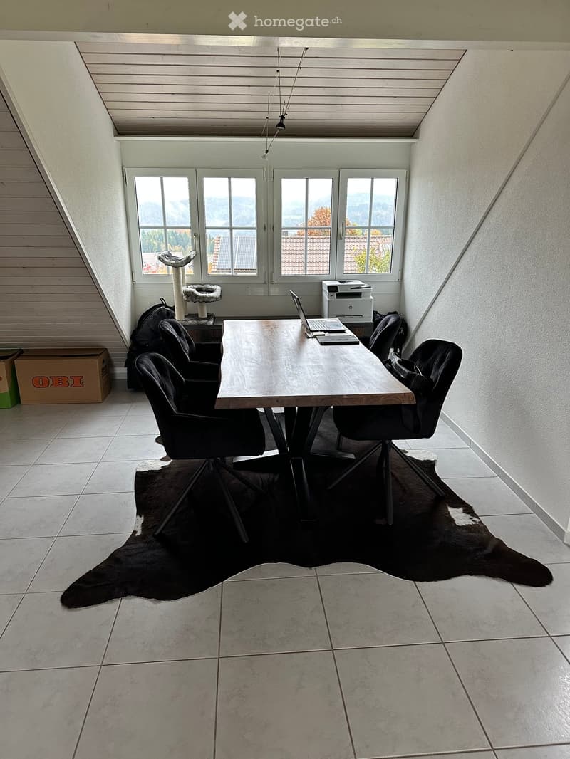 Bright, modern room with large windows offering a scenic view, featuring a wooden table, chairs, a laptop, a printer, a cat tree, and a cowhide rug.