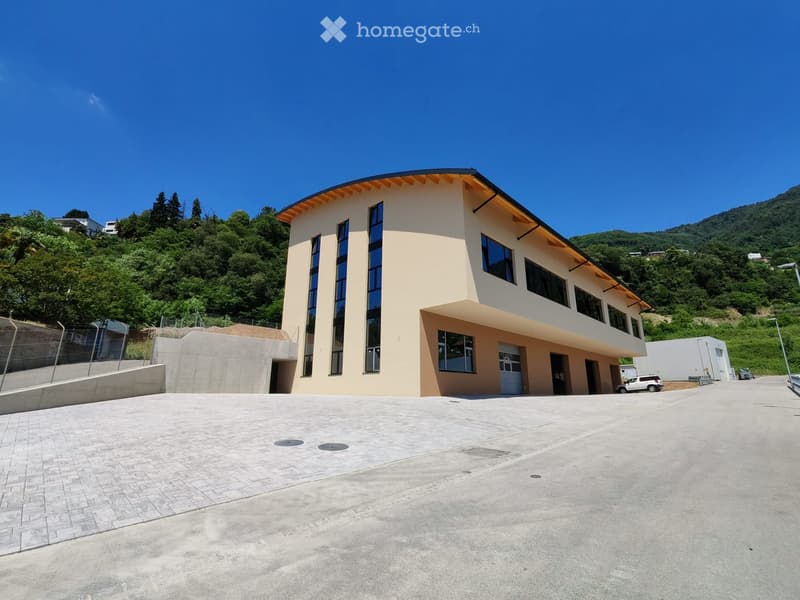 Modern two-story building with light yellow facade, large windows, and a flat roof, situated on a raised ground floor with a paved courtyard.