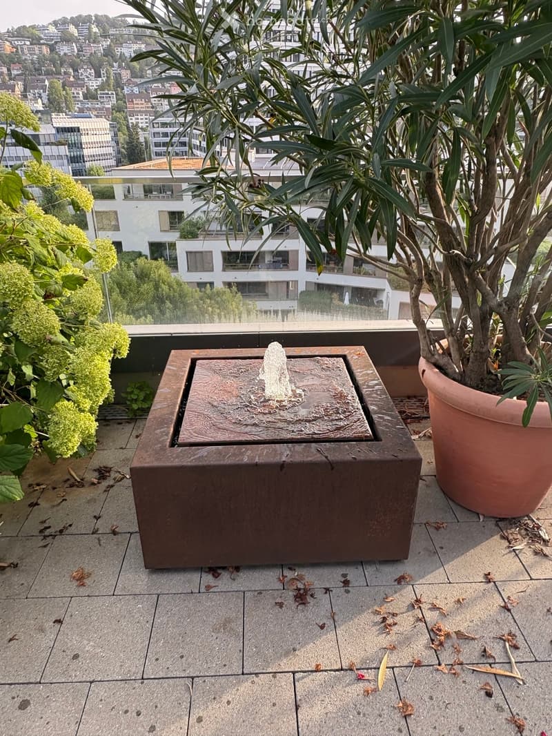 Balcony with a water fountain, potted plants, and a cityscape view in the background.