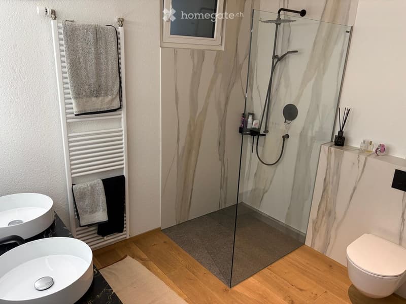 Modern bathroom with a glass-enclosed shower, white bathtub, toilet, towel rack, and marble accents.