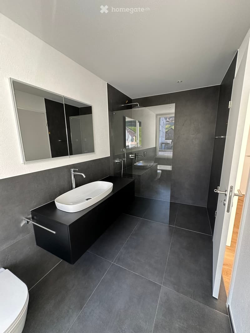Modern bathroom with dark grey tiles, white sink, chrome faucet, large mirror, and separate shower area with glass enclosure.
