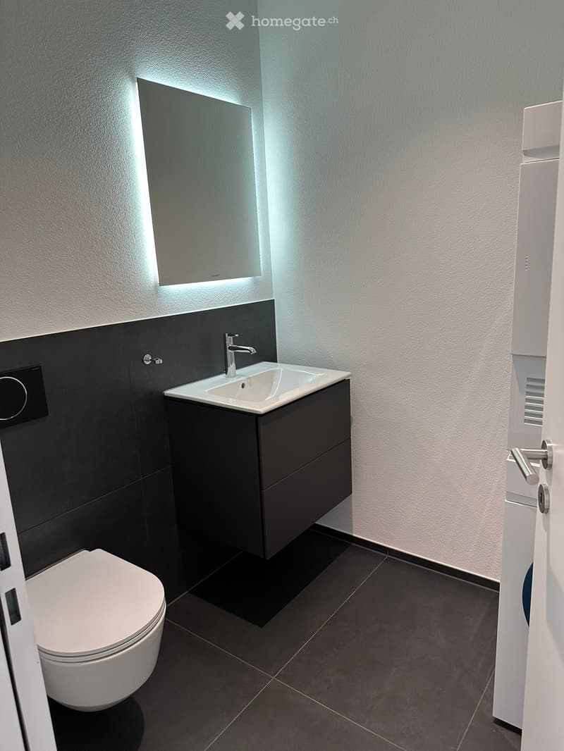 Modern bathroom with dark grey tiles, white sink, chrome faucet, built-in cabinet, and illuminated mirror above the sink.
