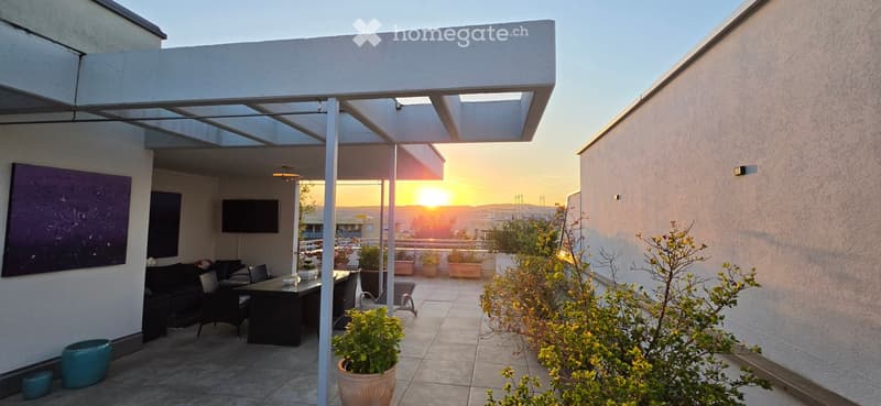 A modern rooftop terrace with a covered seating area, outdoor dining table, chairs, potted plants, and a view of the cityscape at sunset.