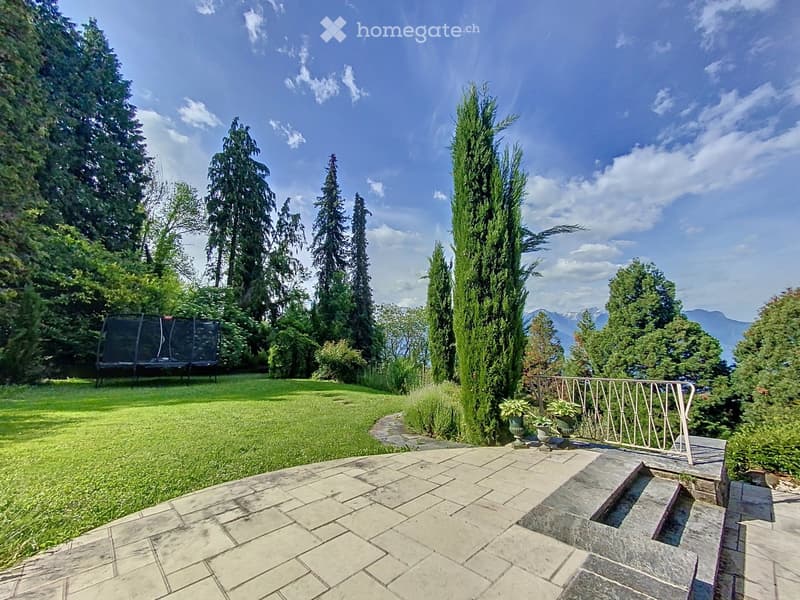a patio with a green lawn and a garden with shrubs, plants, and a hedge fence, a fence with a gate, a black trampoline, trees, a mountain in the distance