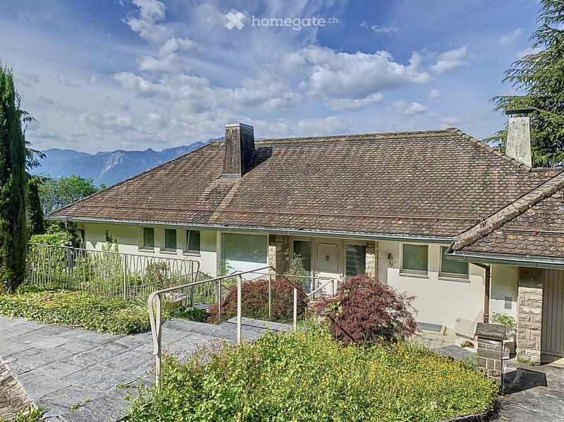 House: single-story house, brown roof, white windows, large yard, mountains in the background