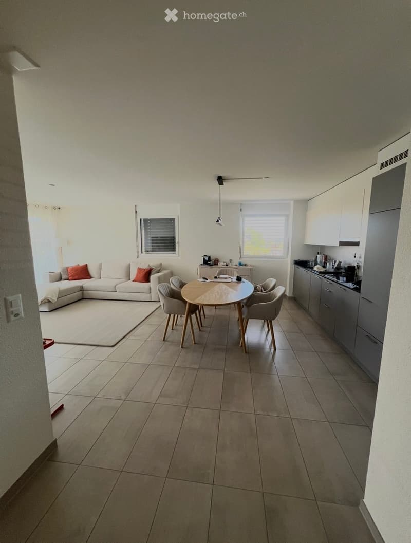 Open-plan living and dining area with a sofa, dining table, chairs, and a kitchen area with cabinets and a counter.