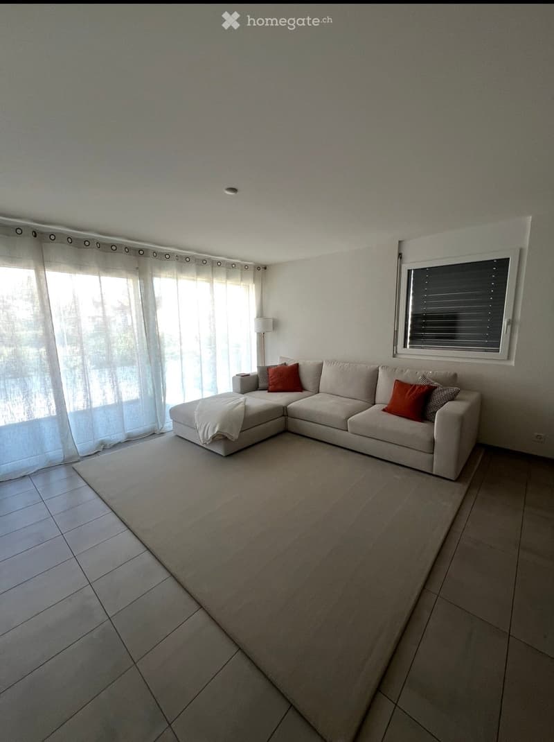 Modern living room with a large L-shaped sofa, decorative pillows, a blanket, and a floor lamp near a large window with sheer curtains.