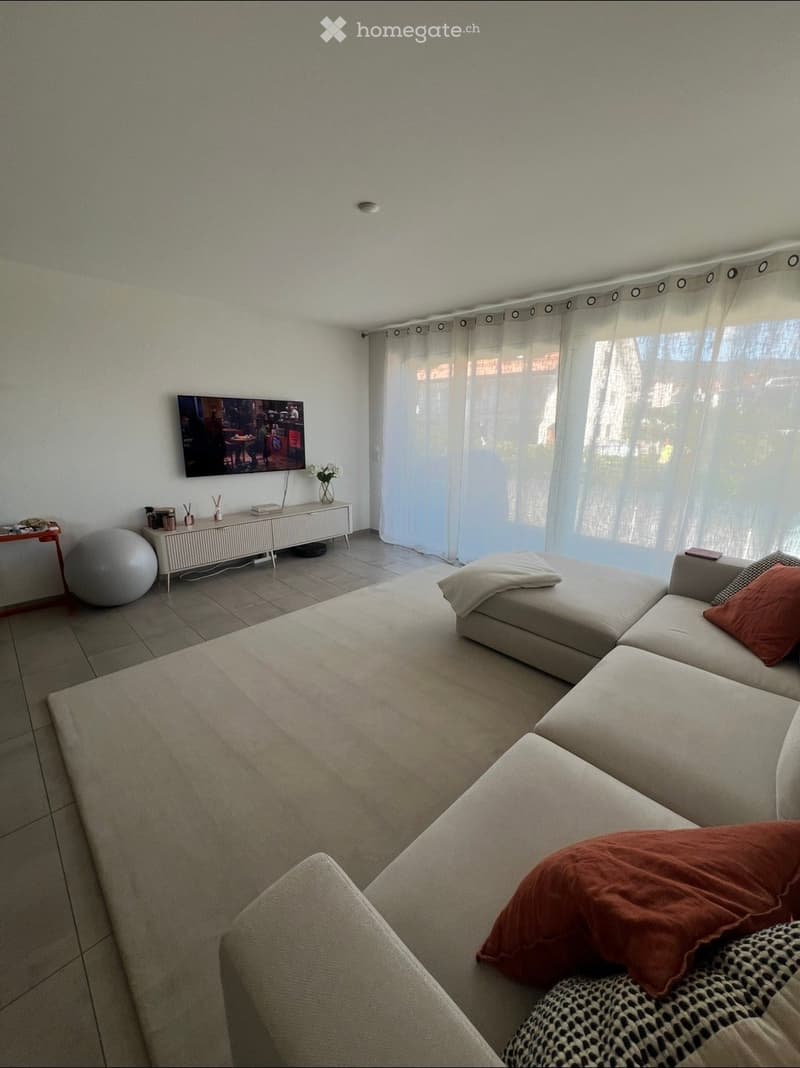 Modern living room with a large sectional sofa, coffee table, decorative ball, television, and a flower vase on a console table.
