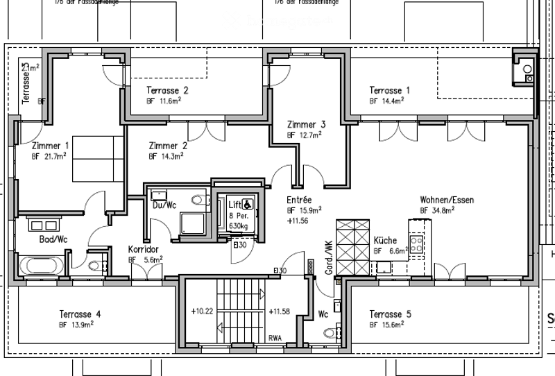 Floor plan showing a house layout with multiple rooms including living/dining area, kitchen, bedrooms, bathrooms, and several terraces.