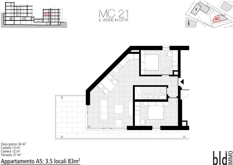 Floor plan of a 3.5-room apartment (83m²) with a living area (34m²), two bedrooms (13m² and 12m²), and a terrace (27m²).