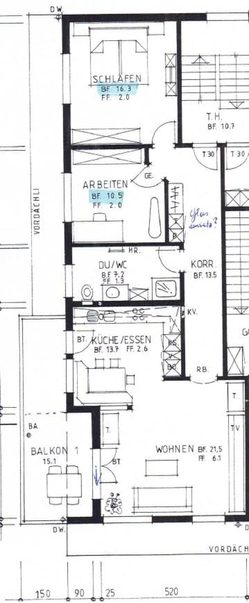 Floor plan of a 2-bedroom apartment with living room, kitchen, bathroom, and balcony.