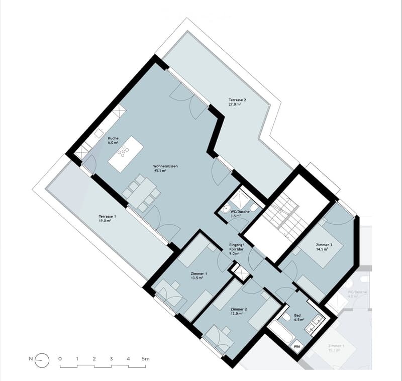 Floor plan of a 2-room apartment with kitchen, living/dining area, two bedrooms, two bathrooms, and two terraces.