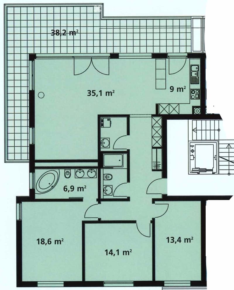 Floor plan of a residential unit with multiple rooms including a living area, bedroom, kitchen, and bathroom. Room sizes are labeled in square meters.