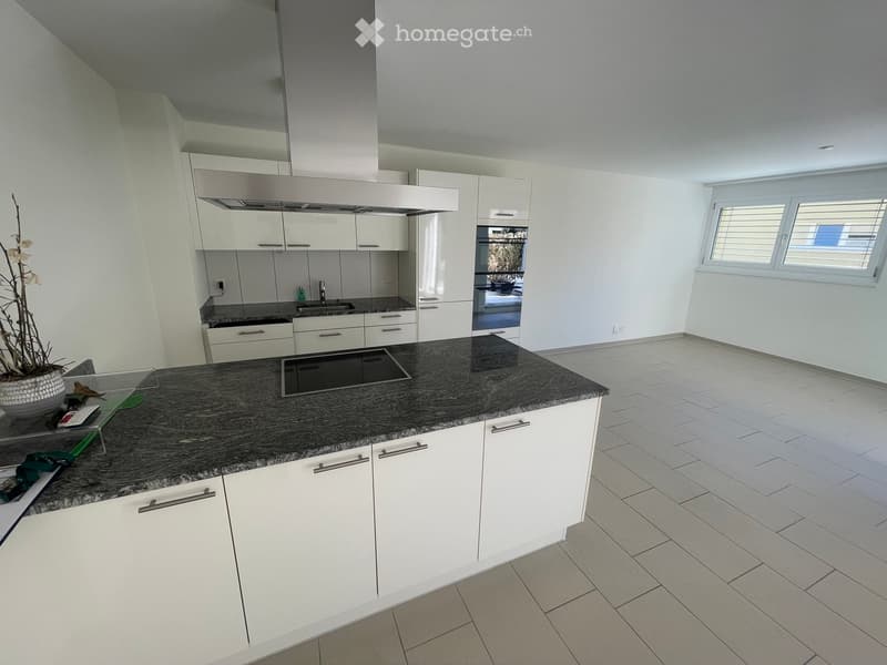 Modern kitchen with white cabinets, granite countertop, stainless steel appliances, and a large window.