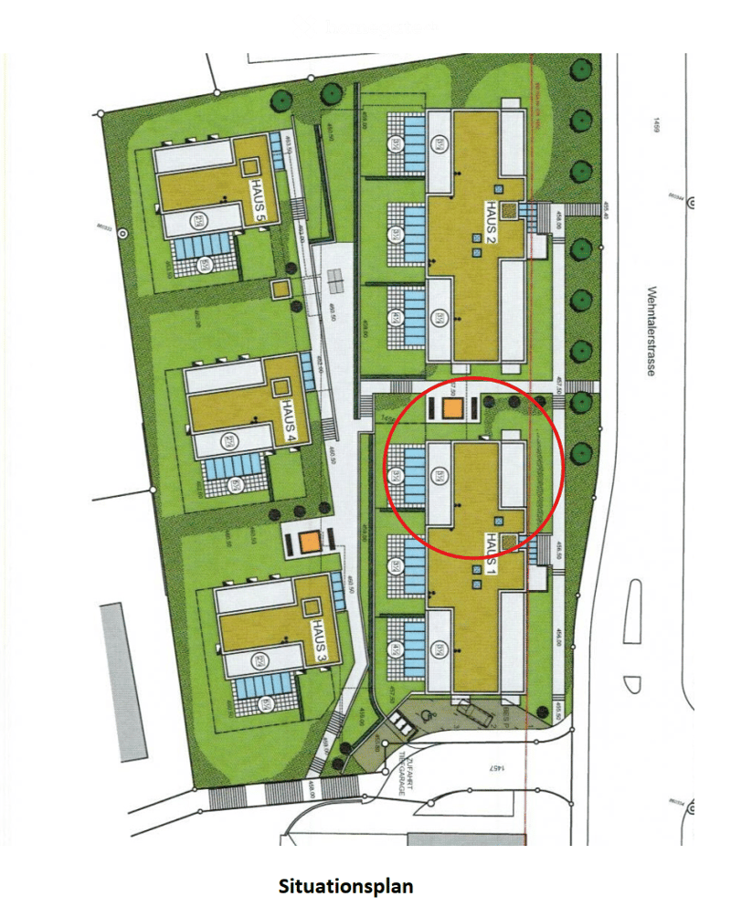 Floor plan of a multi-building complex with labeled buildings (HAUS 1 to HAUS 5), parking areas, green spaces, and pathways.