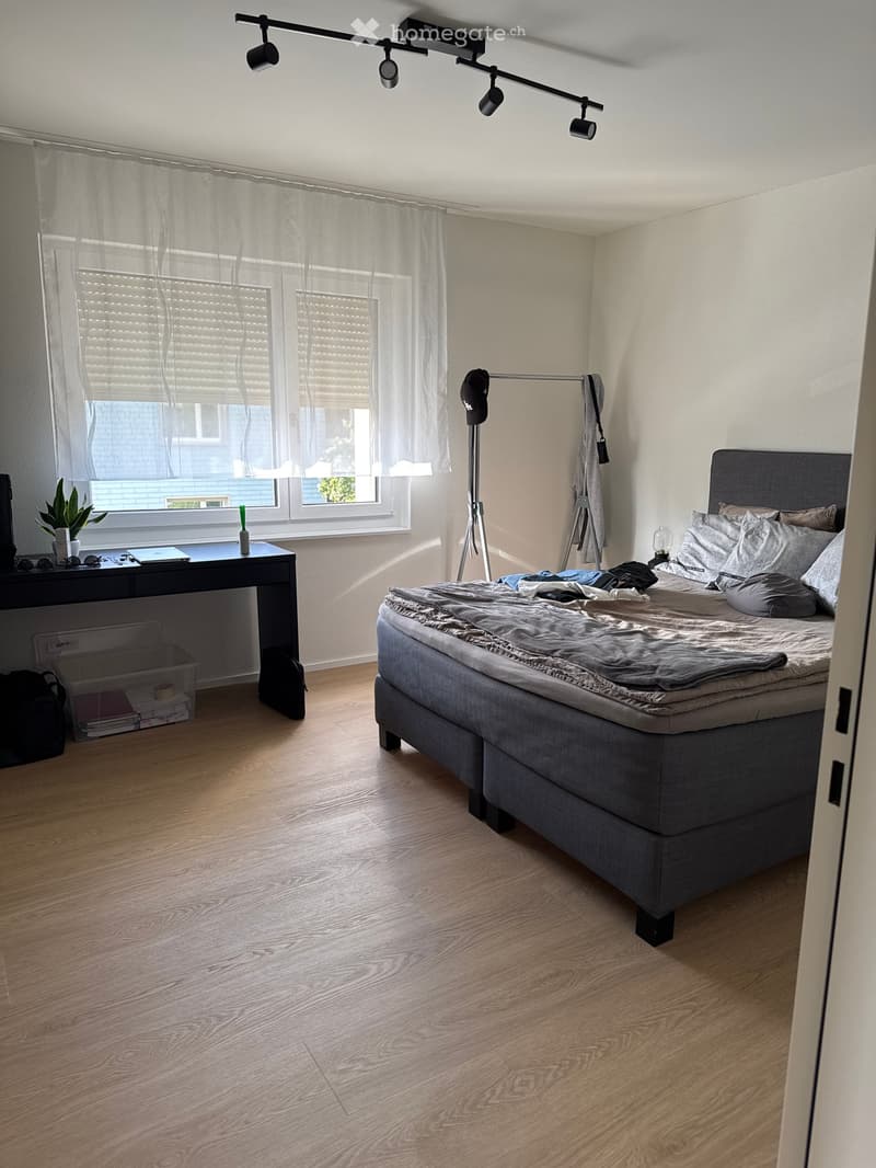 Modern bedroom with a grey bed, wooden floor, large window with blinds, desk with laptop and plant, and a mirror on a stand.