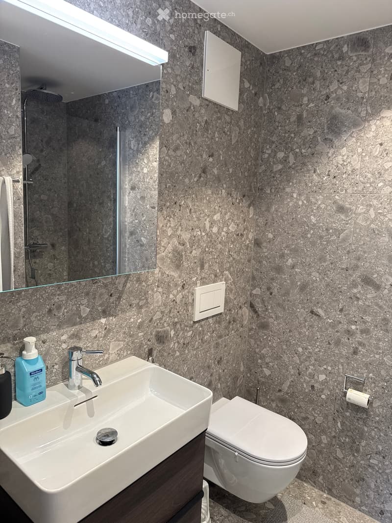 Modern bathroom with a white sink, chrome faucet, toilet, and a large mirror with built-in lighting. The walls are covered in textured stone tiles.