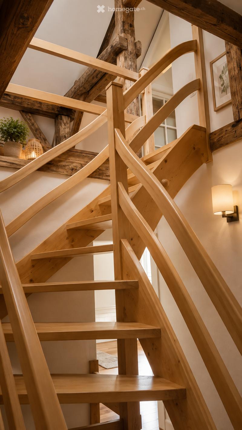 Spiral staircase with wooden steps and handrails, modern design, warm lighting, and a small plant on a shelf in the background.