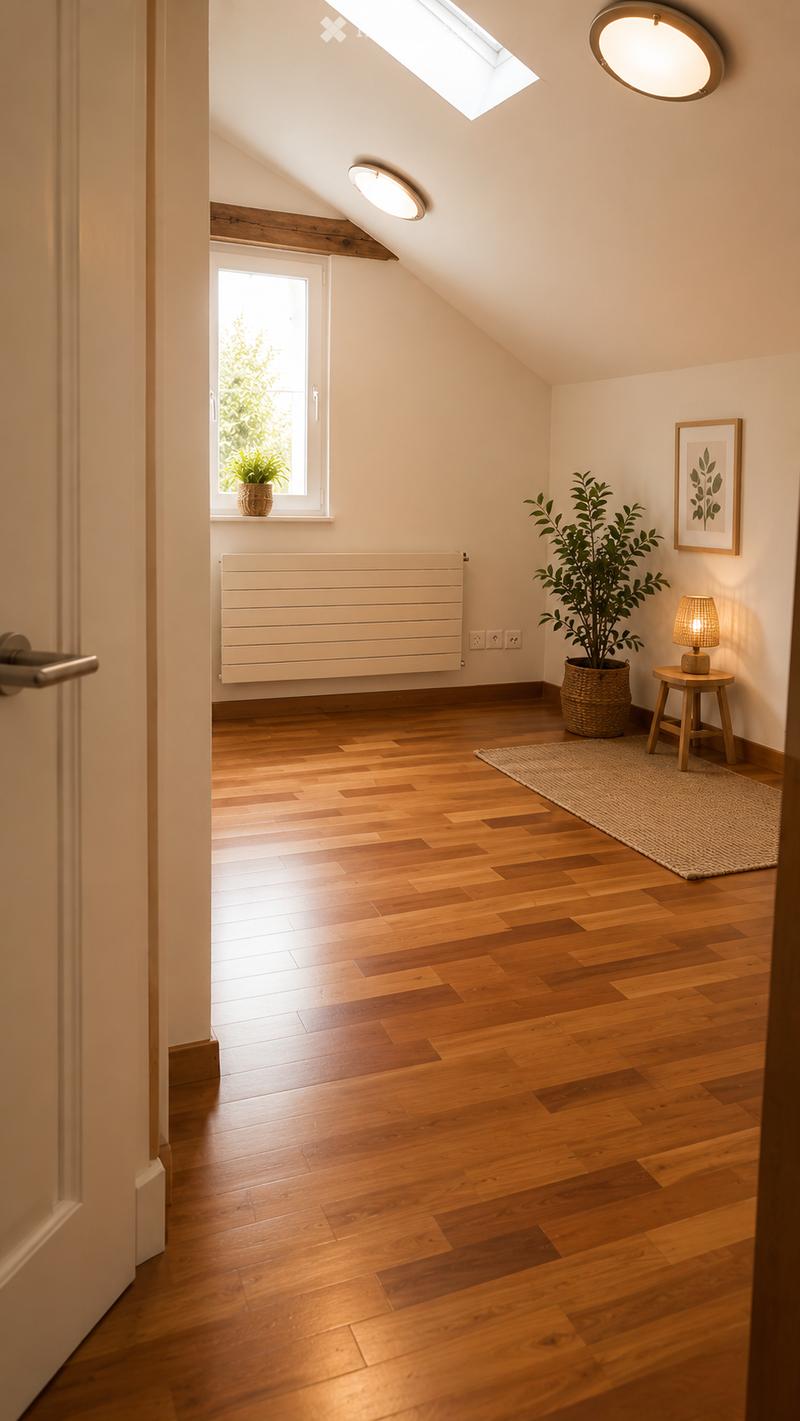 Bright attic room with wooden flooring, large skylight, and window. Features a small wooden stool with a table lamp, a woven rug, a radiator, and a potted plant on the windowsill.