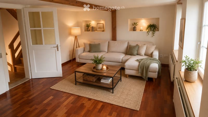 Modern living room with a light-colored sectional sofa, wooden coffee table, floor lamp, and decorative plants.