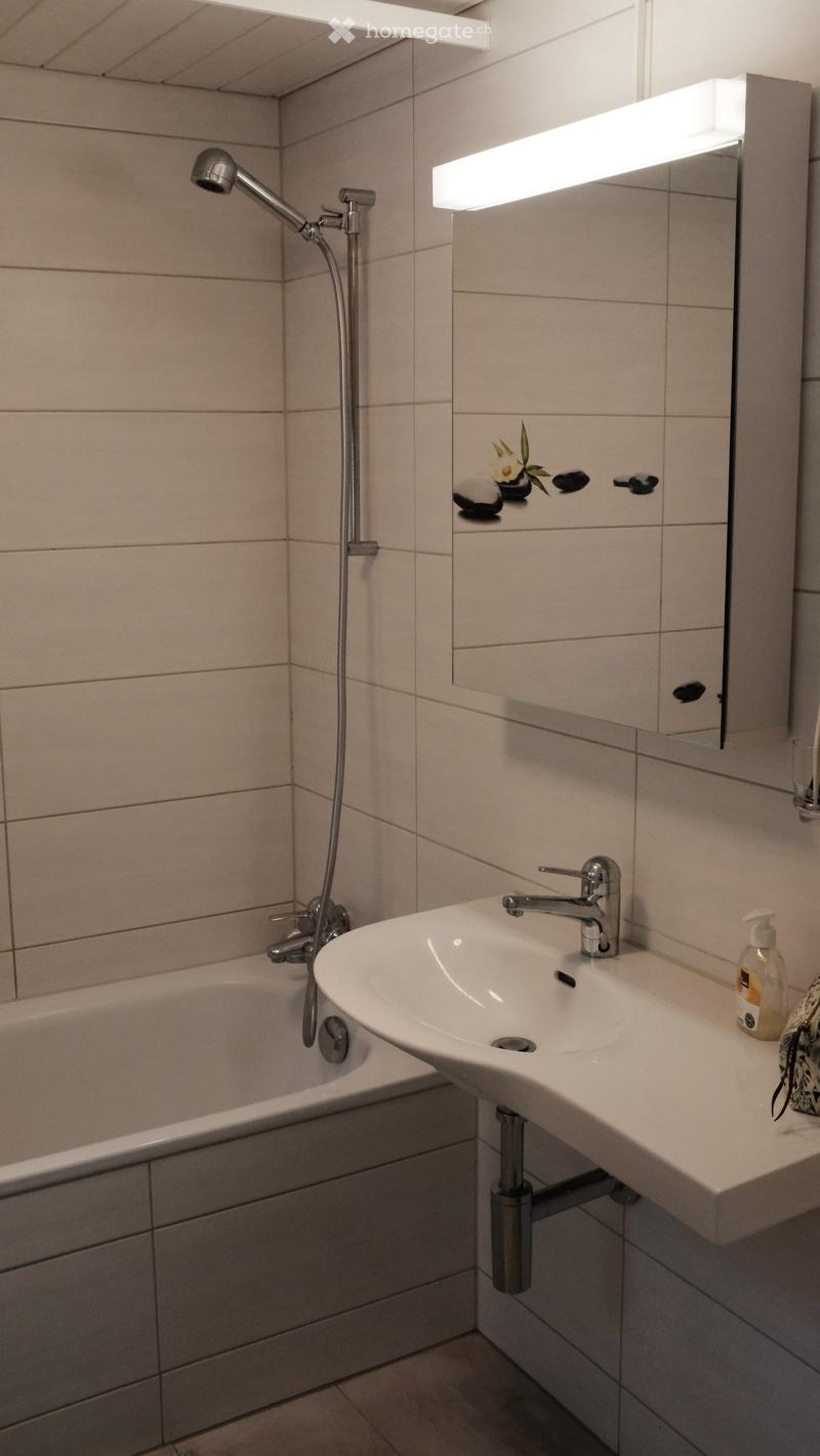 Modern bathroom with a white sink, chrome faucet, bathtub, and a large mirror with built-in lighting. The sink has a sleek design with a modern faucet, and a soap dispenser is placed on the counter.
