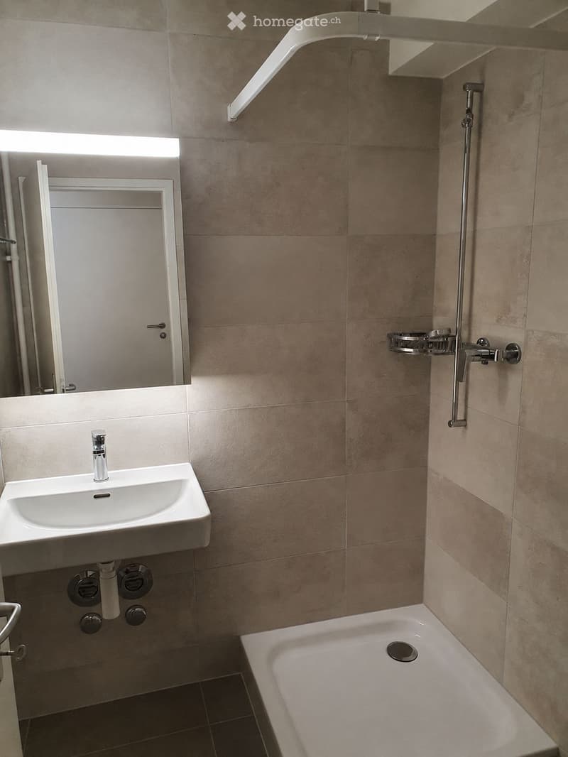 Modern bathroom with a white sink, bathtub, and built-in shower area. Features a large mirror with built-in lighting and a sleek chrome showerhead with a rail.