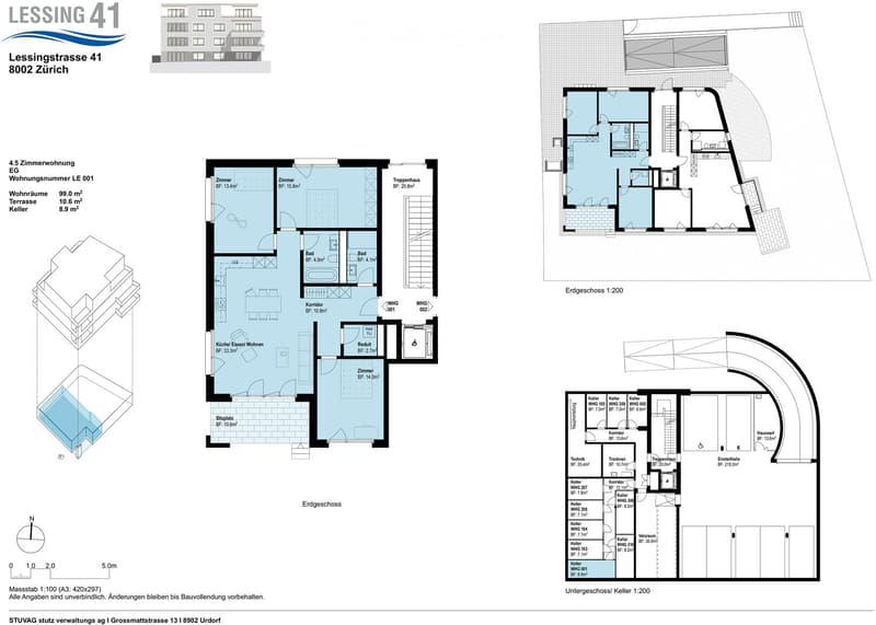 Floor plan of a 4.5-room apartment on the ground floor, including living room, kitchen, bedrooms, bathrooms, hallway, and terrace. Also includes basement and additional building layouts.