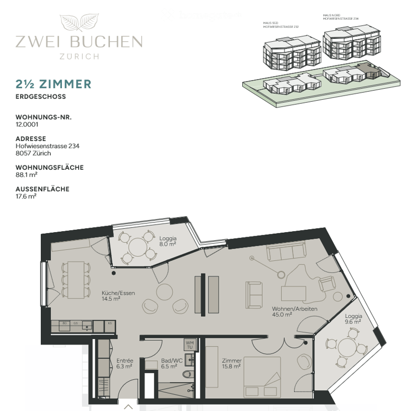 Floor plan of a 2.5-room apartment on the ground floor, featuring a kitchen/dining area, living/work area, bedroom, bathroom, and two loggias.