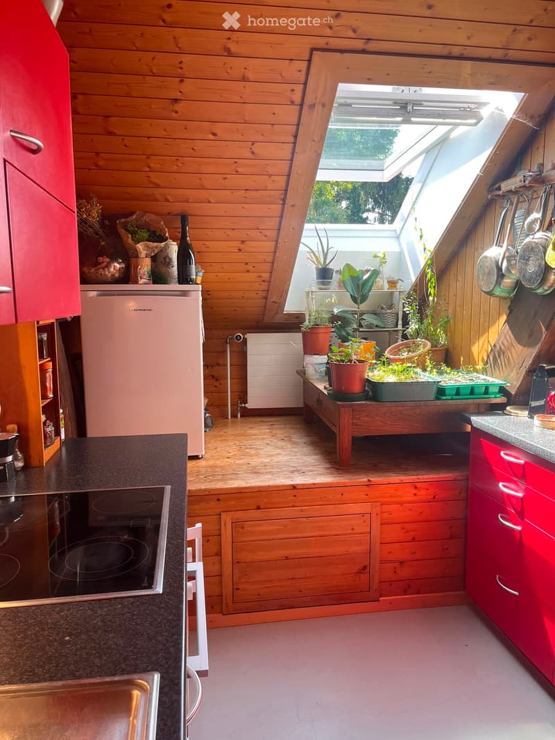 Cozy kitchen with wooden walls and ceiling, featuring red cabinets, a small refrigerator, an electric oven, a wooden table with potted plants, and hanging pots and pans.