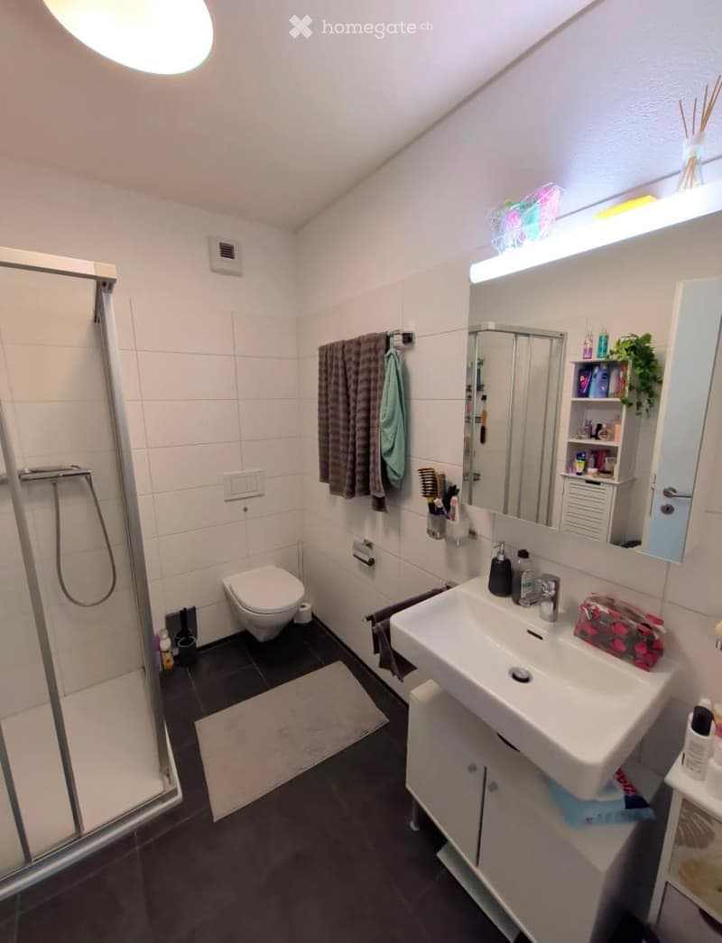 Modern bathroom with white tiles, black floor, shower area, toilet, sink, mirror, and storage cabinet.