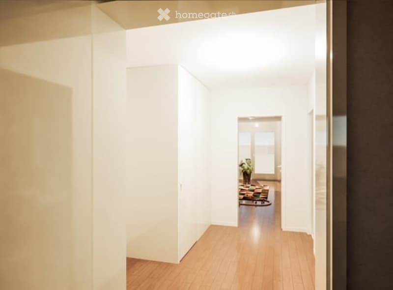 Empty hallway with light wooden flooring and white walls, leading to another room with a small plant visible in the distance.