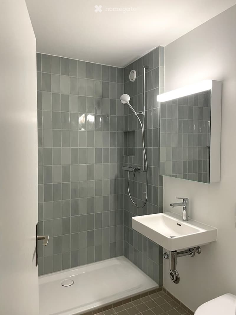 Modern bathroom with grey tiled walls, white bathtub, sink, and mirror. Features a showerhead and hose in the corner.
