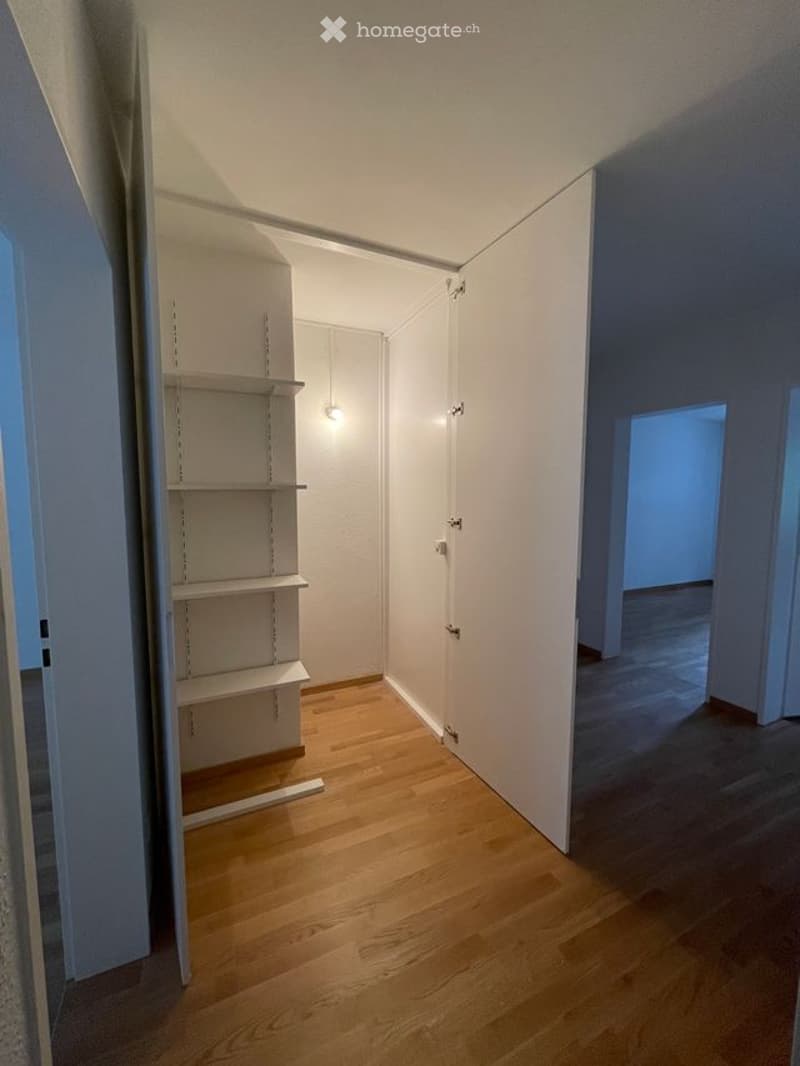 Empty room with wooden flooring, white walls, and built-in shelving unit. No furniture or personal items present.