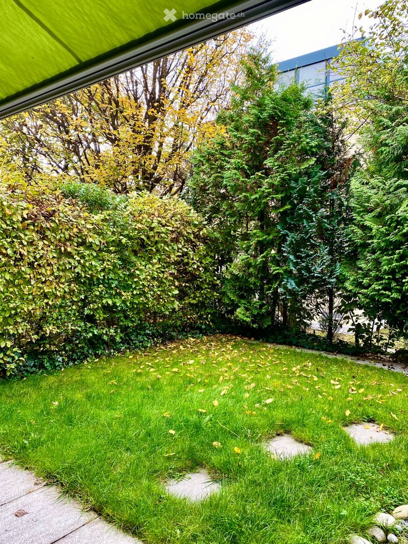 Well-maintained garden with green grass, scattered leaves, and a variety of shrubs and trees, bordered by a concrete pathway.